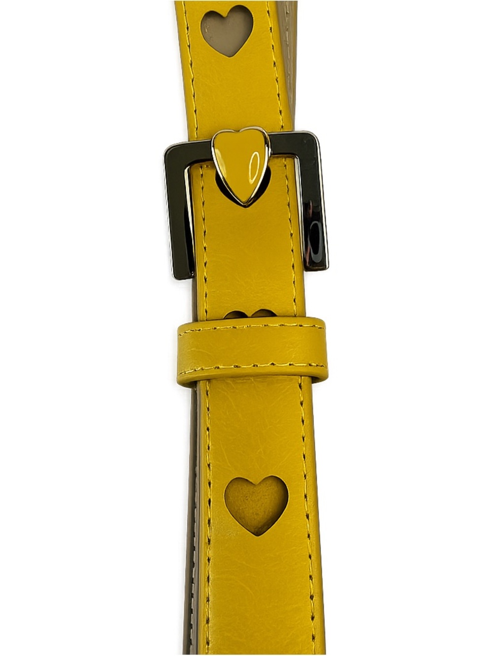 Fun Bright Yellow Heart Cutout Skinny Belt Y2K Dopamine Dressing Vegan Leather - Picture 2 of 5